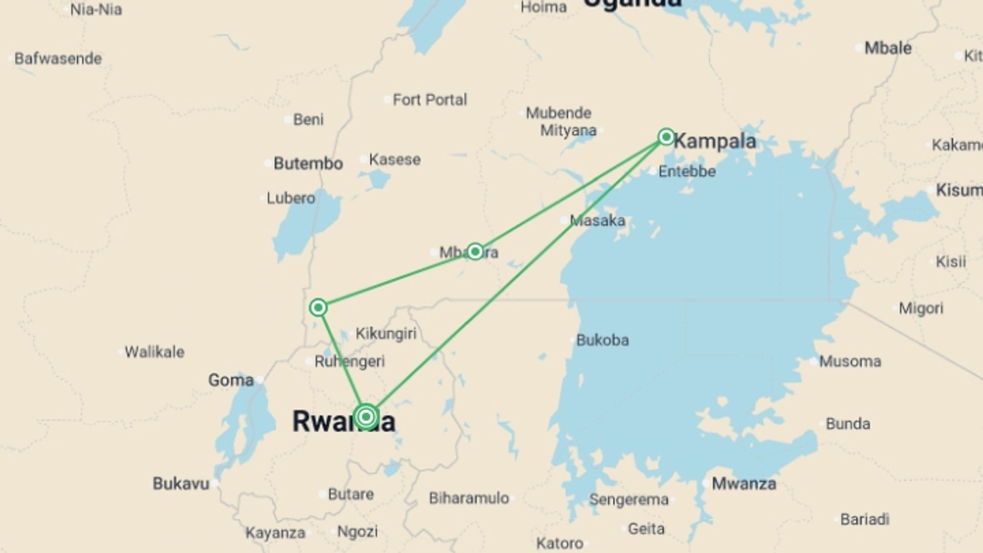 A map showing the tour itinerary for the trip: Premium Rwanda & Gorillas of Uganda, starting in Kigali, Rwanda and ending in Kigali, Rwanda going through 3 other destinations.