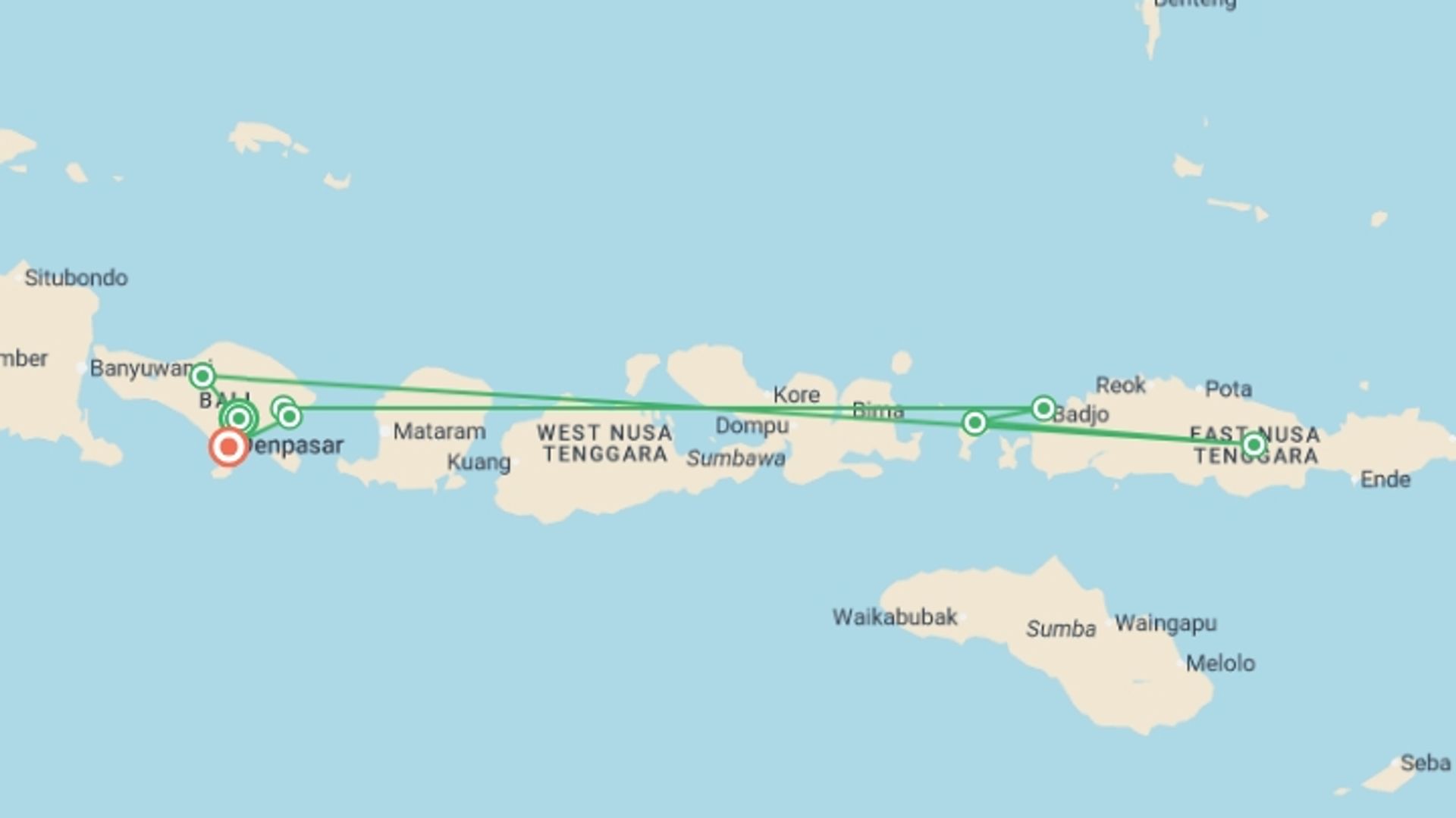 A map showing the tour itinerary for the trip: Bali and Komodo: Dragons, Rice Terraces & Cultural Ceremonies, starting in Ubud, Indonesia and ending in Denpasar, Indonesia going through 7 other destinations.