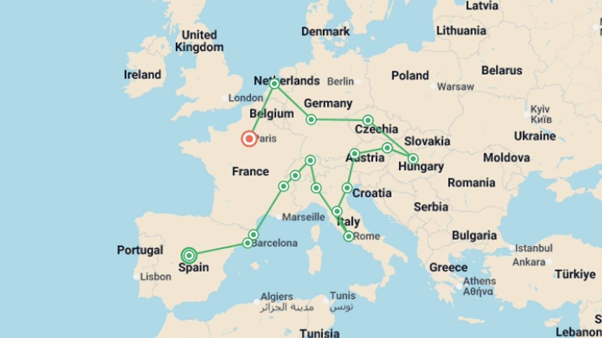 A map showing the tour itinerary for the trip: Great Discovery, starting in Madrid, Spain and ending in Paris, France going through 15 other destinations.