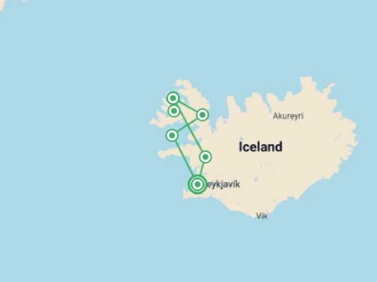 Map of 7-Day Reykjavik Tour with 3 destination visits for the trip: Westfjords & Northern Lights - 7 days