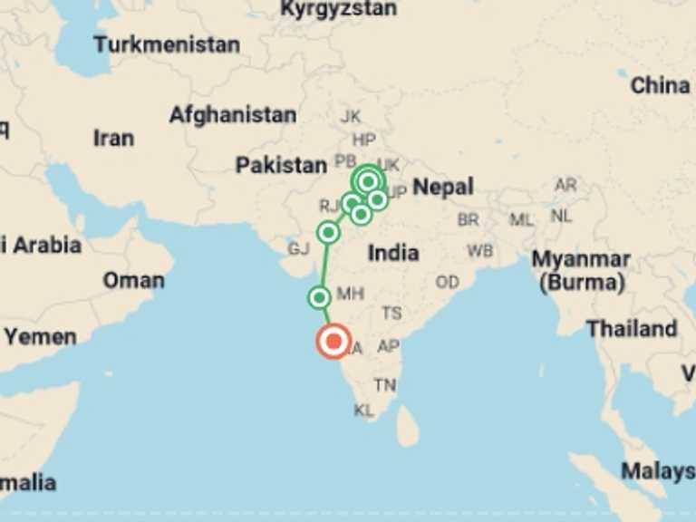 Map of India Art and architecture Tour with 7 destination visits for the trip: Eternal India