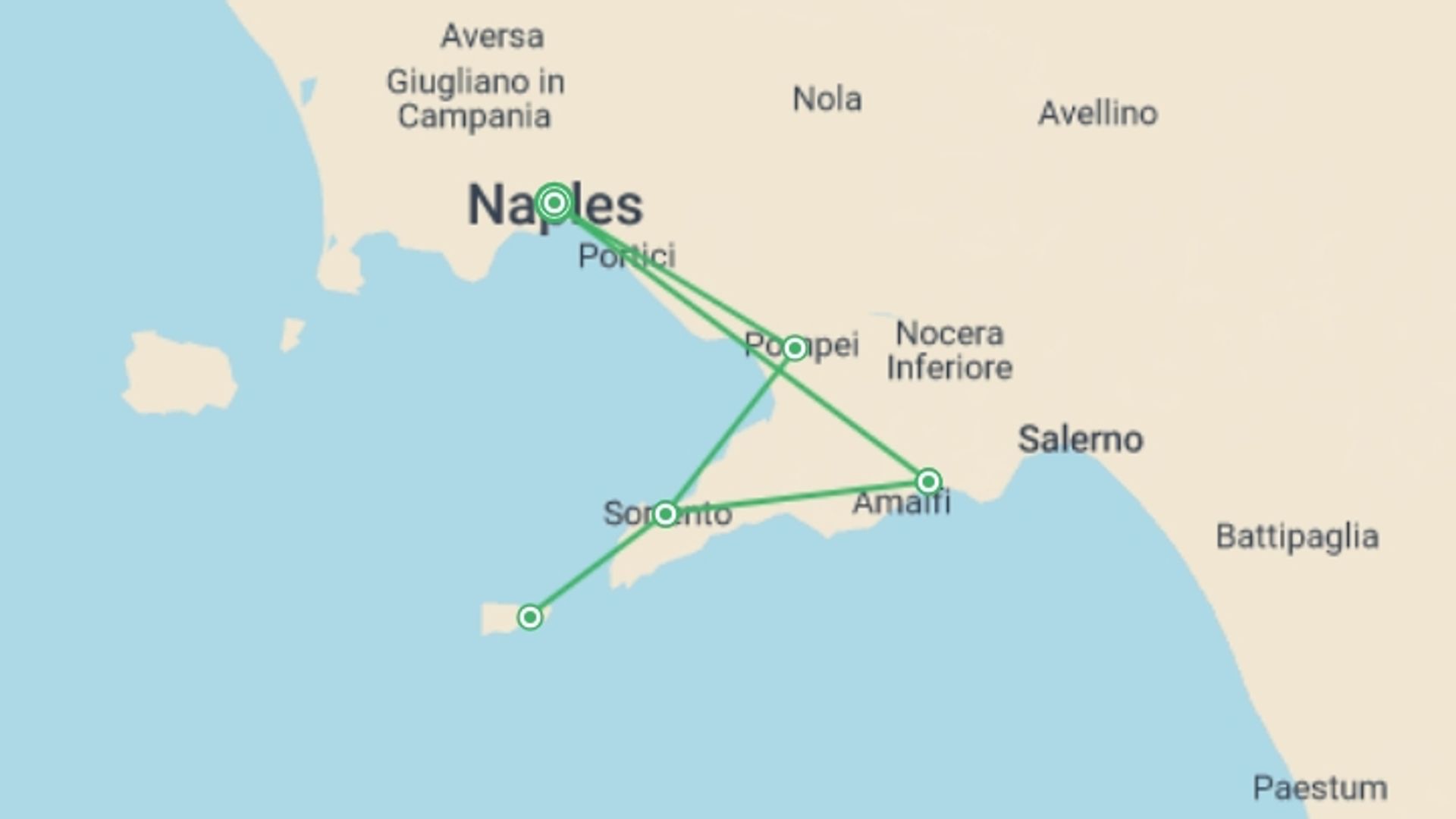 A map showing the tour itinerary for the trip: Best Of Southern Italy, starting in Naples, Italy and ending in Naples, Italy going through 2 other destinations.