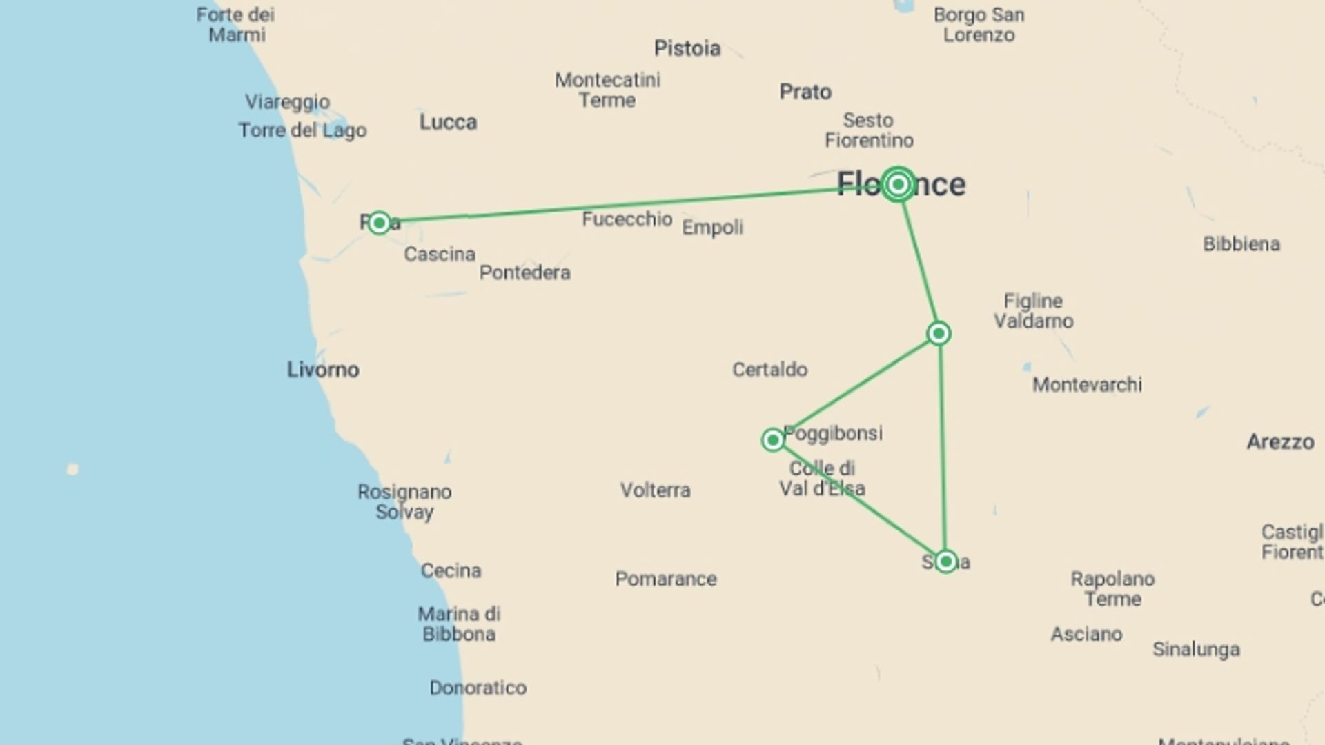 A map showing the tour itinerary for the trip: Tuscany Escape, Self-drive, starting in Florence, Italy and ending in Florence, Italy going through 1 other destinations.