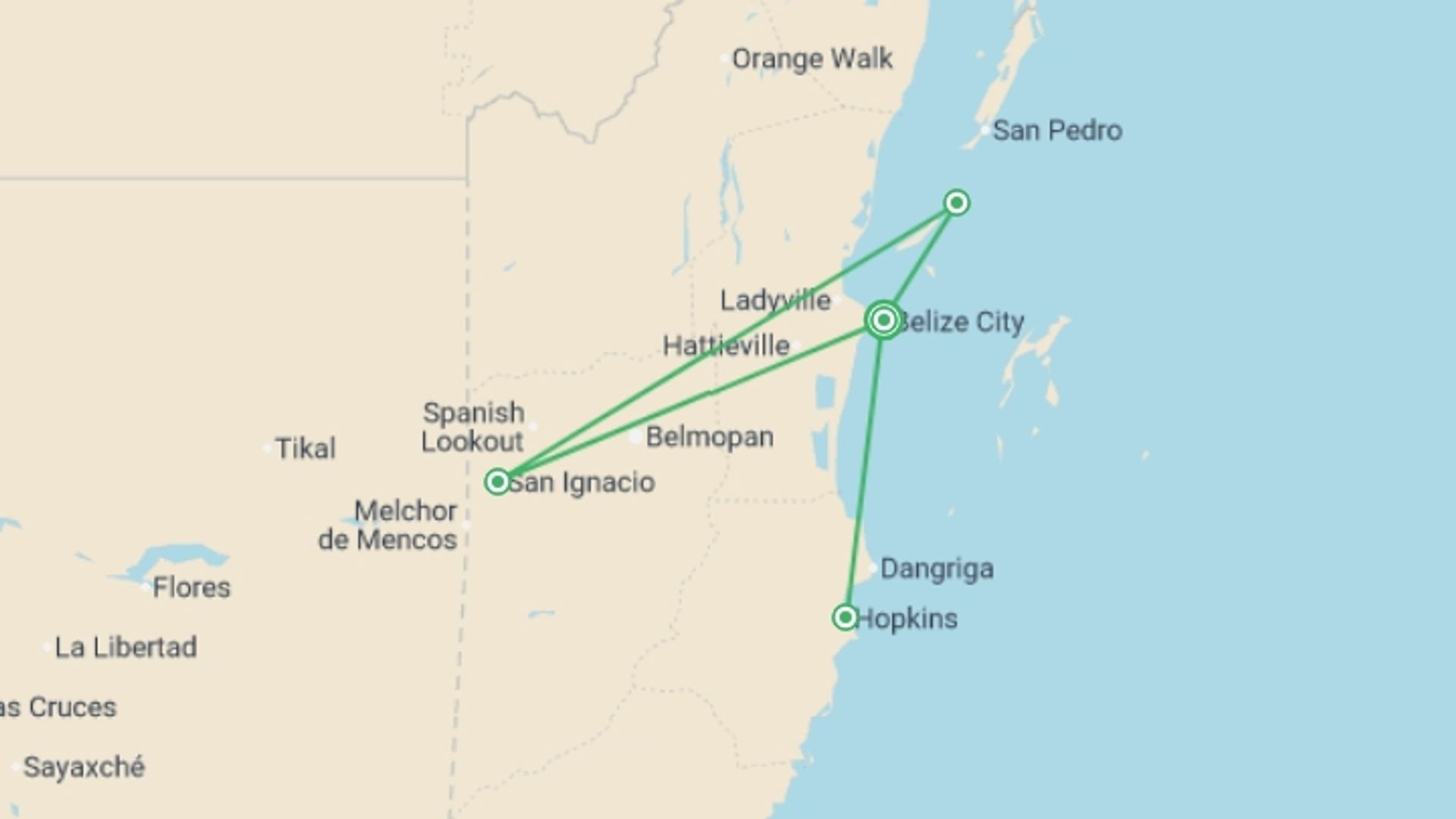 A map showing the tour itinerary for the trip: Belize Uncovered: Reefs, Ruins & Reggae, starting in Belize City, Belize and ending in Belize City, Belize going through 3 other destinations.