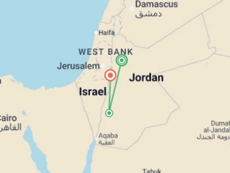 Map of Jordan City sightseeing Tour with 3 destination visits for the trip: Chauffeured Petra & Dead Sea - 4 days