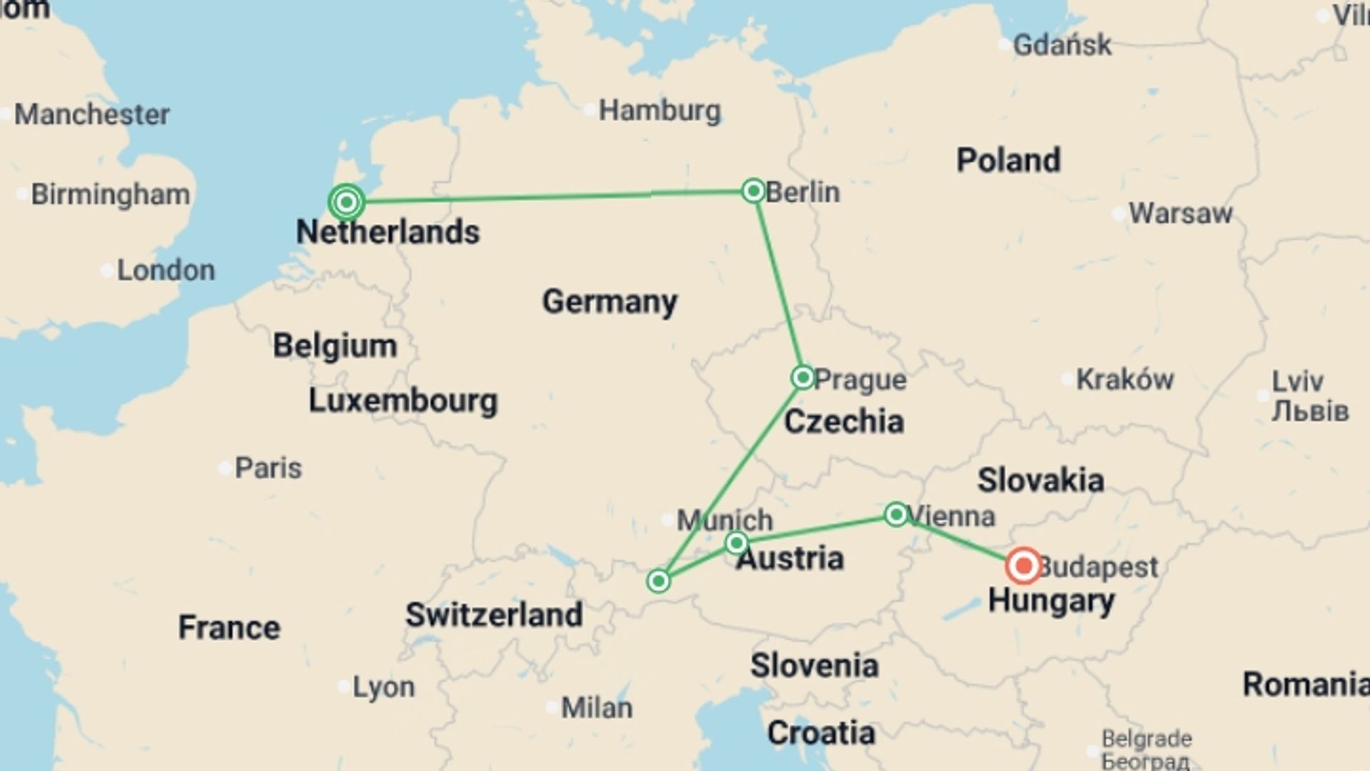 A map showing the tour itinerary for the trip: From Amsterdam to Budapest GO, starting in Amsterdam, Holland and ending in Budapest, Hungary going through 5 other destinations.