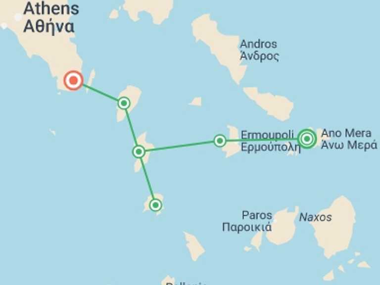 Map itinerary of Balkans Tour in April 2027 with 6 destination visits for the trip: Sail & Hike Greece: Mykonos to Athens