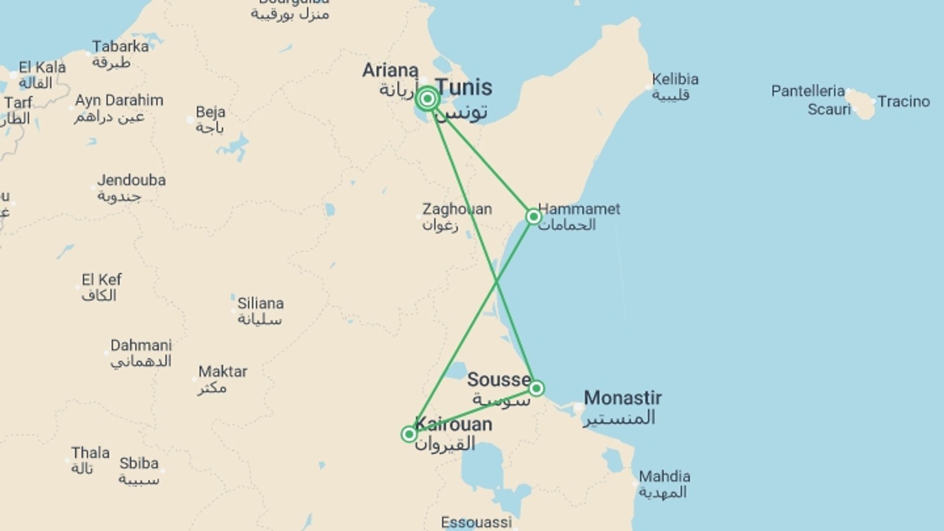 A map showing the tour itinerary for the trip: Taste Of Tunisia, Small Group Tour, starting in Tunis, Tunisia and ending in Tunis, Tunisia going through 2 other destinations.
