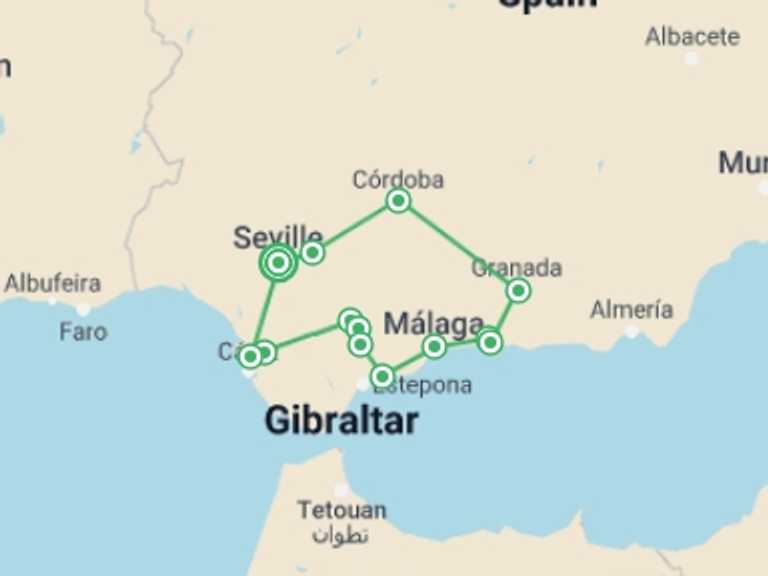 Map of Malaga Explorer Tour with 5 destination visits for the trip: Andalusian Tradition