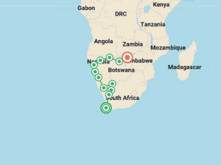 Map itinerary of Cape Town Tour in August 2026 with 12 destination visits for the trip: Table Mountain to Victoria Falls - 20 days