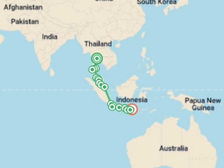 Map itinerary of Singapore Tour in August 2027 with 22 destination visits for the trip: Bangkok to Bali Adventure: Street Eats & Beaches