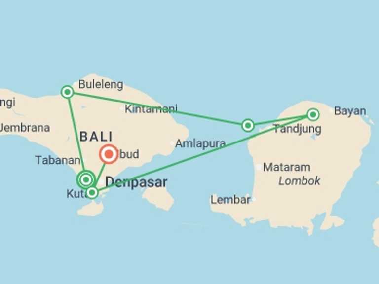 Map itinerary of South East Asia Tour in July 2026 with 6 destination visits for the trip: Bali & Lombok Uncovered  - 15 days