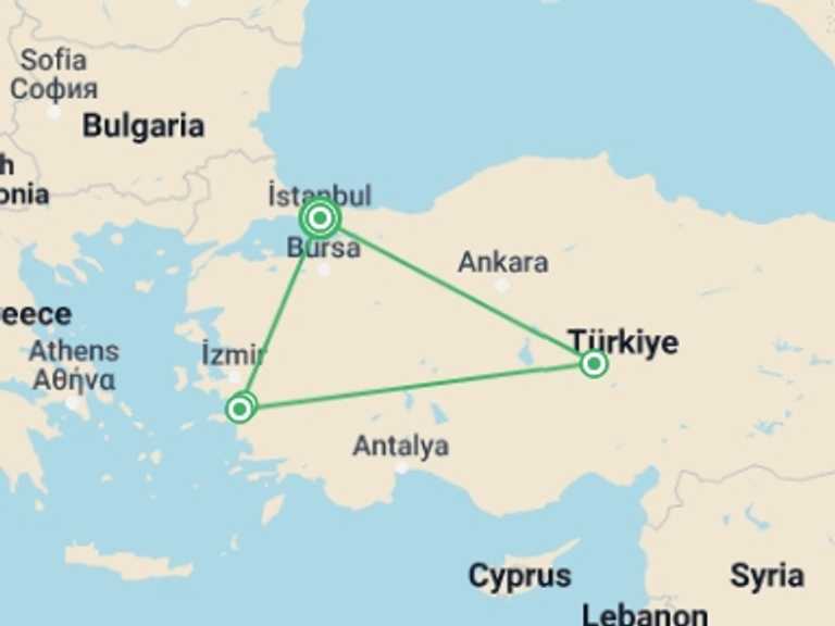Map of a Train Tour with 4 destination visits for the trip: Turkey Highlights