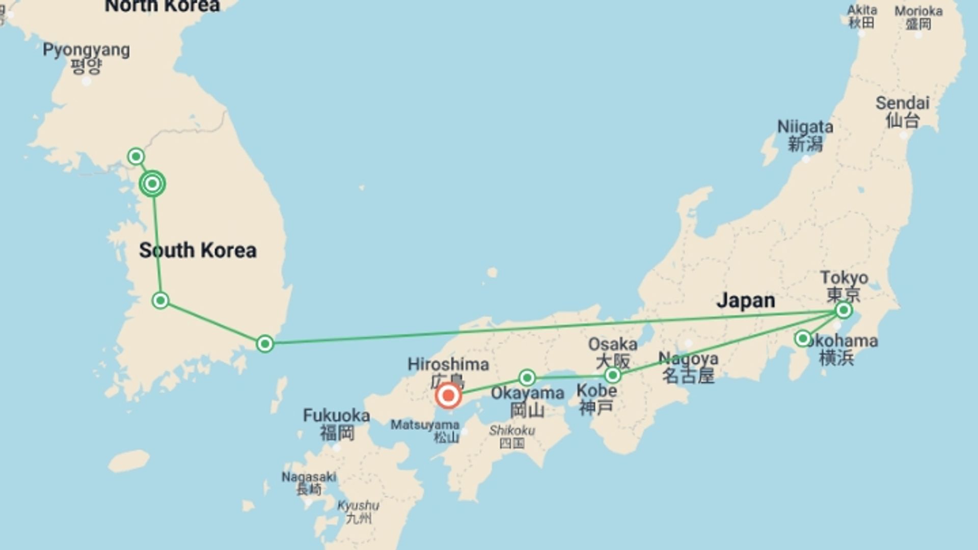A map showing the tour itinerary for the trip: The Beauty of Korea and Japan with Fuji, starting in Seoul, South Korea and ending in Hiroshima, Japan going through 6 other destinations.