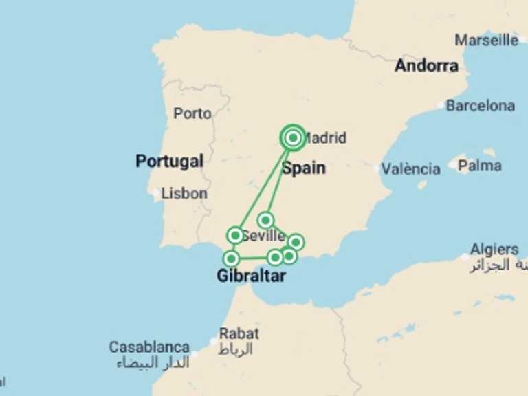 Map itinerary of Mediterranean Tour in May 2026 with 6 destination visits for the trip: Andalusian Soul