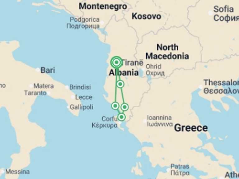 Map itinerary of Europe Tour in August 2026 with 5 destination visits for the trip: South Albania Experience