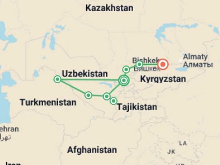 Map of Bishkek Explorer Tour with 8 destination visits for the trip: Central Asia: Uzbekistan, Tajikistan, Kazakhstan & Kyrgyzstan