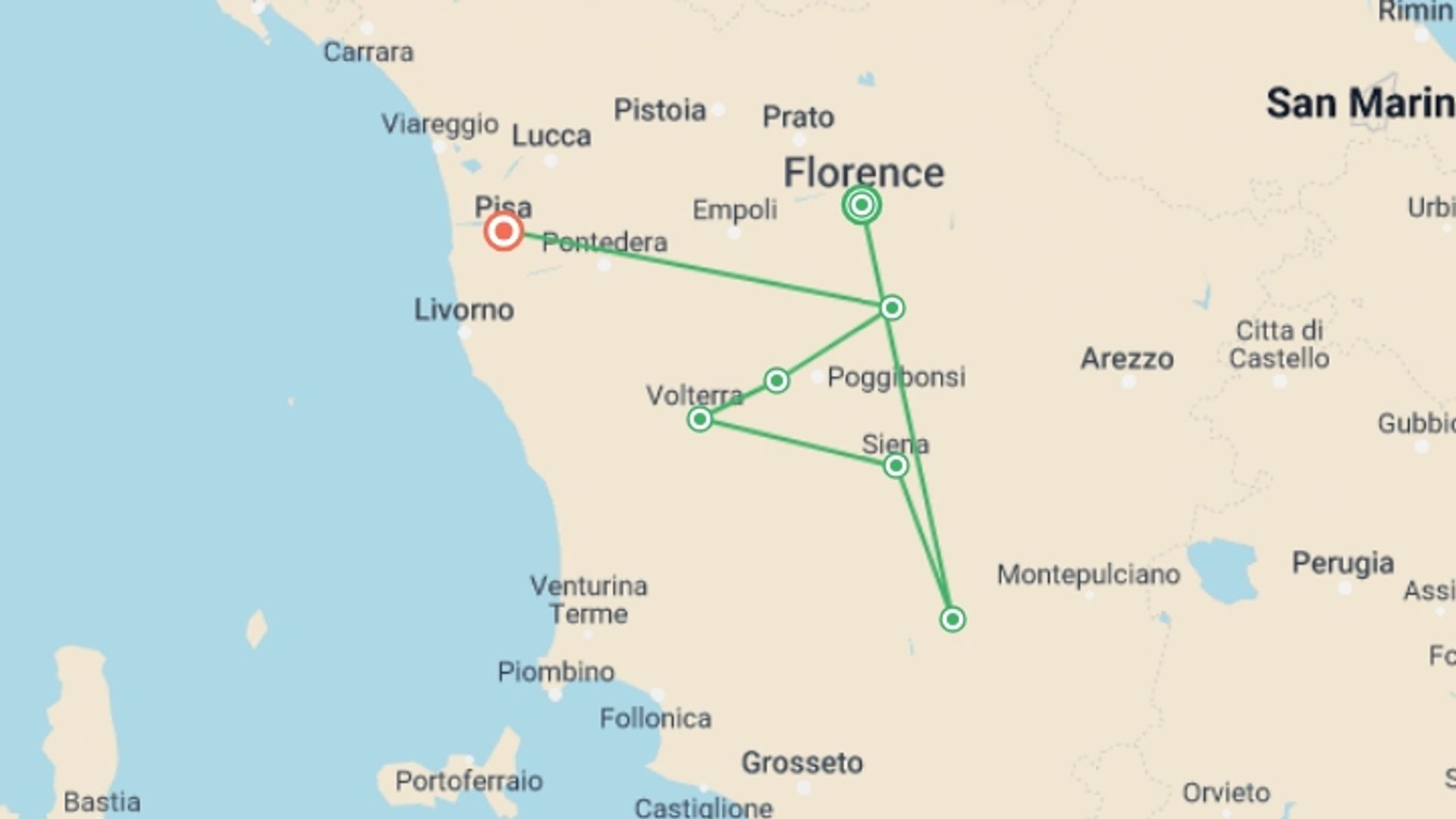 A map showing the tour itinerary for the trip: Private Gourmet Wine Tour in Tuscany, starting in Florence, Italy and ending in Pisa, Italy going through 3 other destinations.
