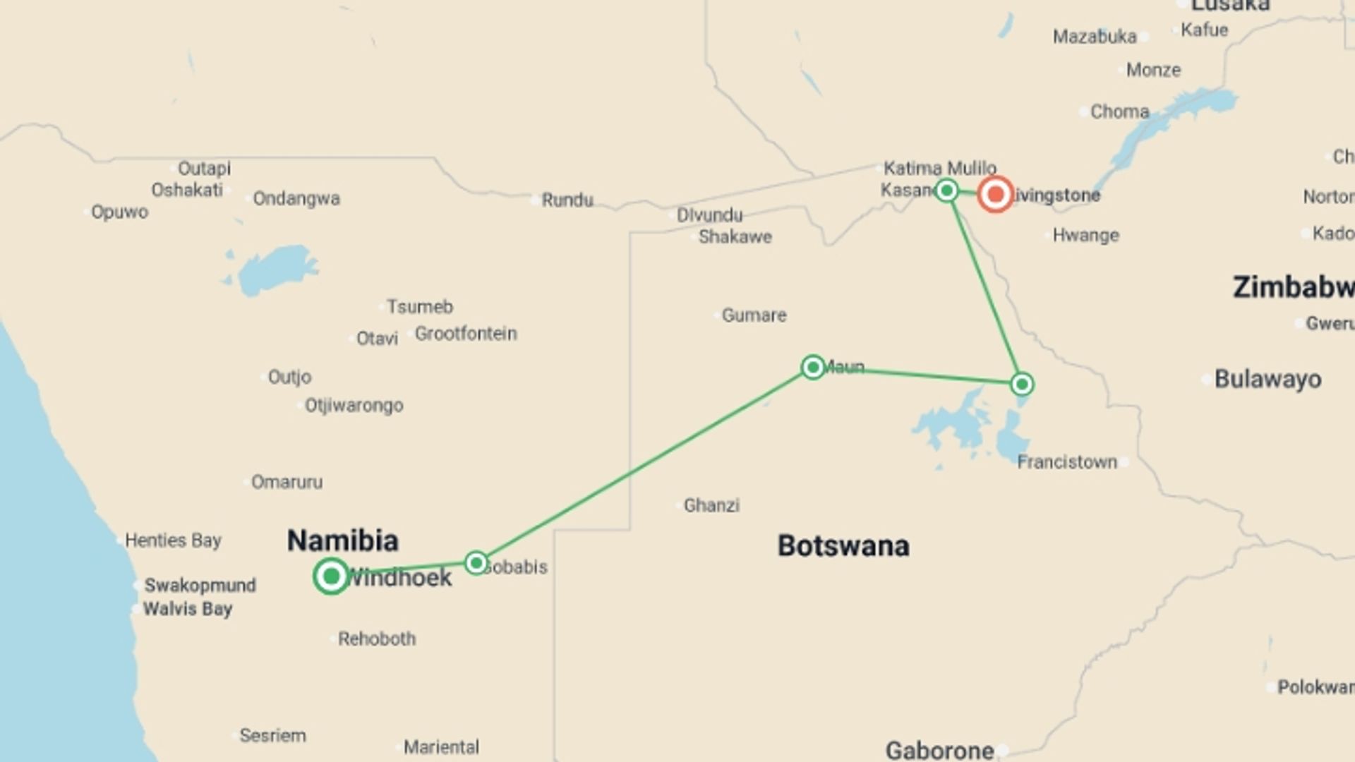 A map showing the tour itinerary for the trip: Okavango & Chobe Discovery - 8 days, starting in Windhoek, Namibia and ending in Livingstone, Zambia going through 4 other destinations.