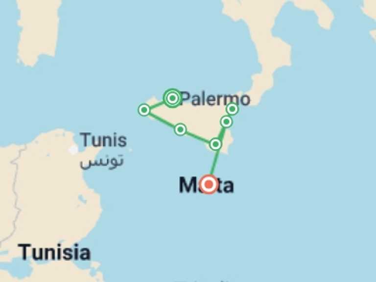 Map of Europe Cultural, religious and historic sites Tour with 7 destination visits for the trip: Sicily in Depth