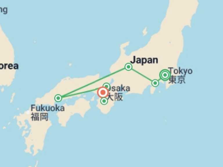 Map itinerary of Japan Tour in October 2026 with 7 destination visits for the trip: Japan Unrivalled