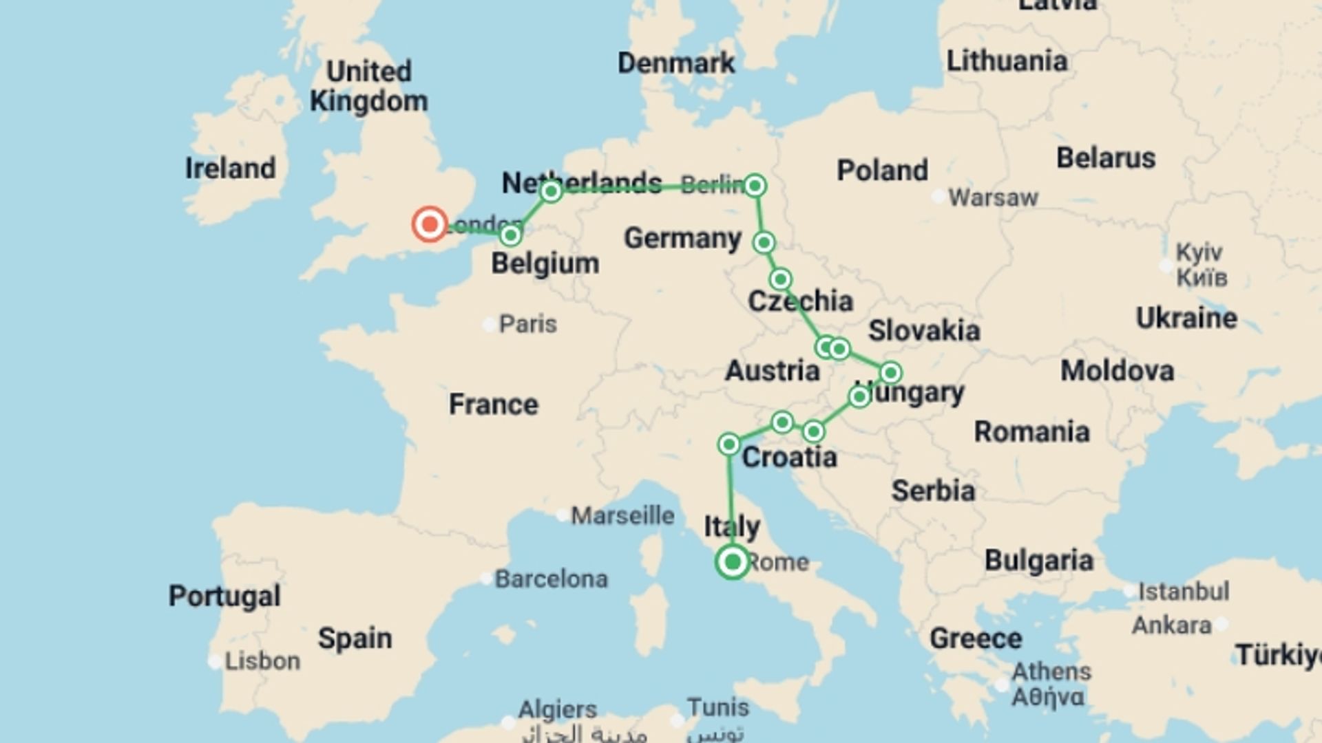 A map showing the tour itinerary for the trip: Best of Eastern Europe, starting in Rome, Italy and ending in London, England going through 8 other destinations.