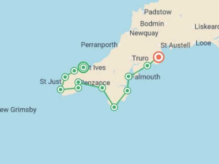 Map of Europe Tour with 12 destination visits for the trip: South West Coast Path: St Ives to Mevagissey - 13 Days