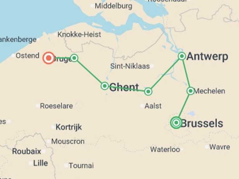 Map itinerary of Europe Tour in May 2026 with 7 destination visits for the trip: Belgium Cycle - Brussels to Bruges