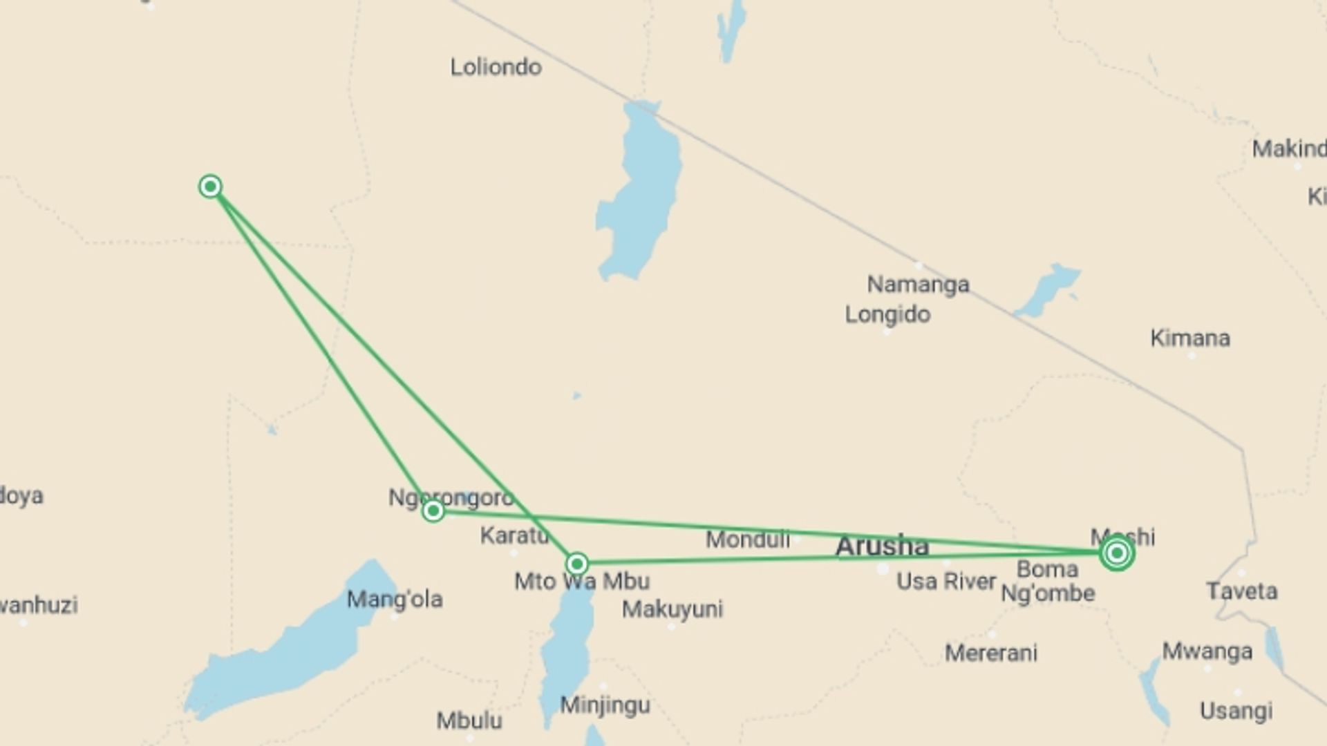 A map showing the tour itinerary for the trip: 4 Days Safari - Manyara, Ngorongoro and Serengeti, starting in Moshi, Tanzania and ending in Moshi, Tanzania going through 4 other destinations.