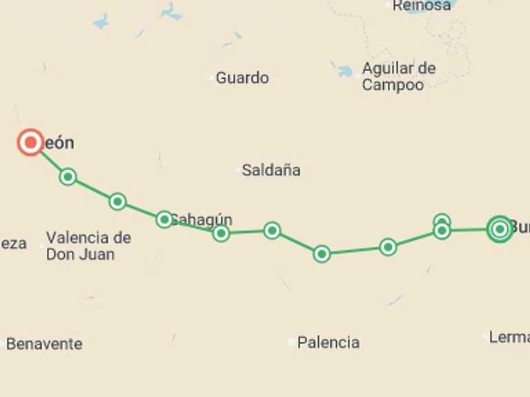 Map of Spain Tour with 10 destination visits for the trip: Camino - Burgos to Leon