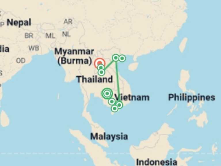 Map of a Eco Tour with 10 destination visits for the trip: A 15-day Journey Through the Heart of Southeast Asia