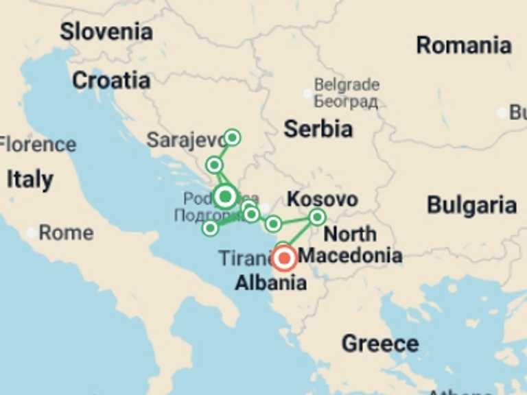 Map itinerary of Balkans Tour in August 2026 with 6 destination visits for the trip: Dubrovnik to Tirana - 8 days
