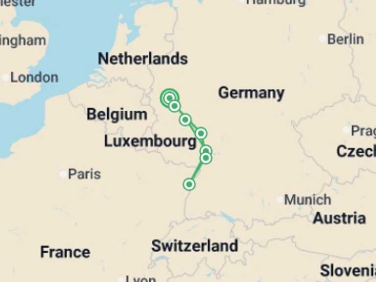 Map of Europe Explorer Tour with 7 destination visits for the trip: Romantic Rhine and Alsace Region – VISTARIO Standard