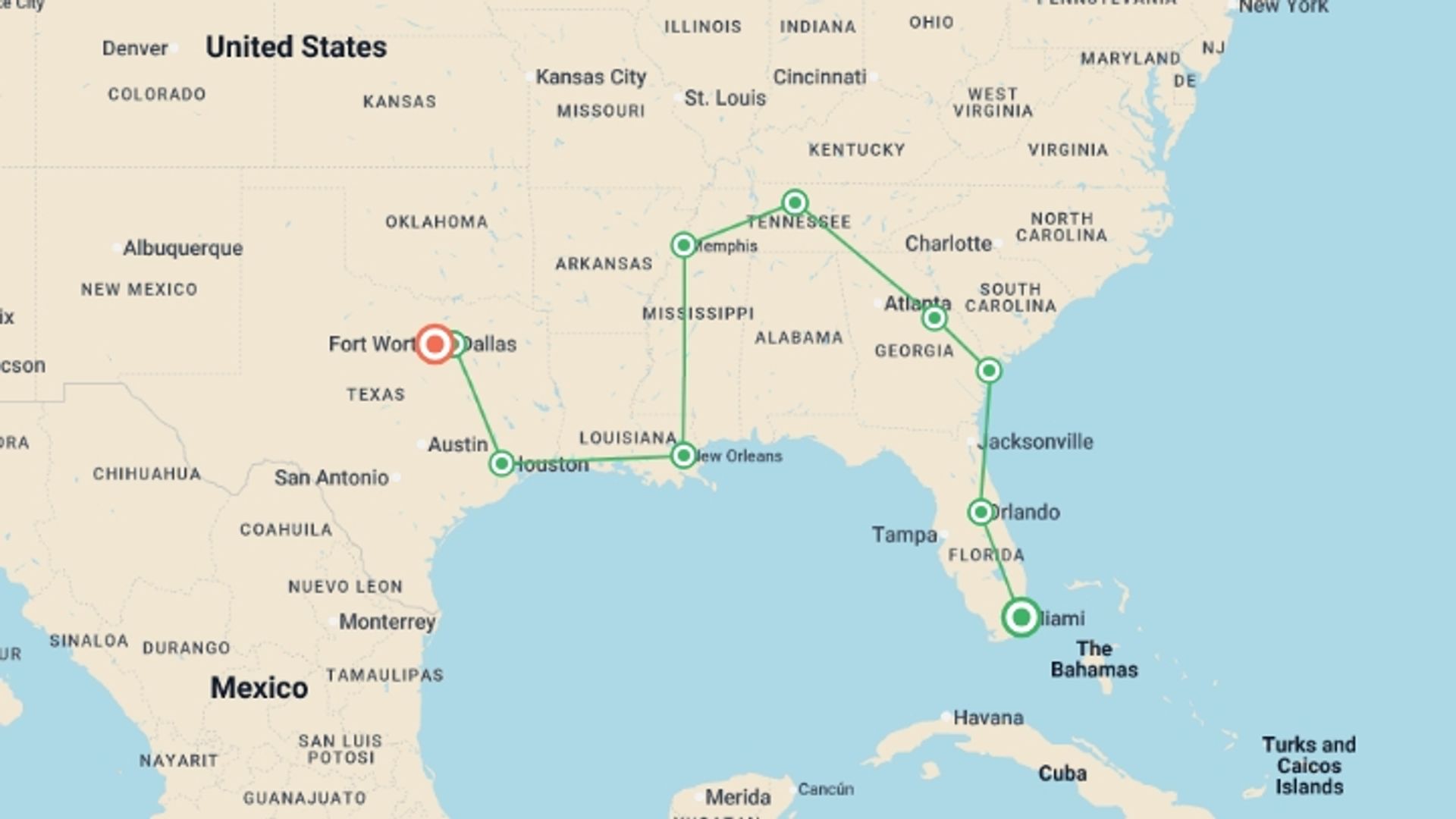 A map showing the tour itinerary for the trip: USA: Miami to Dallas Road Trip, starting in Miami, USA and ending in Fort Worth, USA going through 7 other destinations.