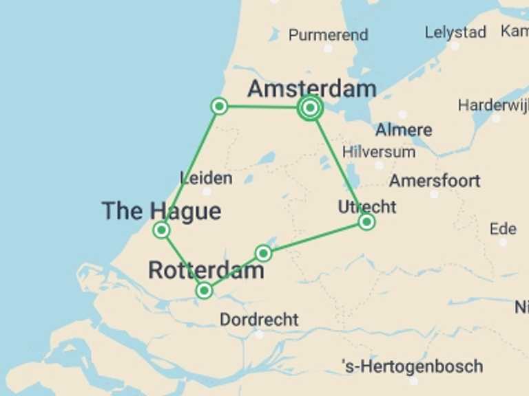 Map itinerary of Holland Tour in September 2026 with 6 destination visits for the trip: Cycling the Highlights of Holland