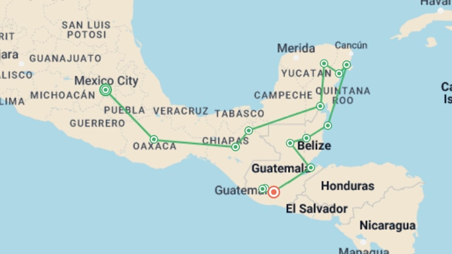 A map showing the tour itinerary for the trip: A Month in Central America: Beyond Tulum & Tikal, starting in Mexico City, Mexico and ending in Antigua, Guatemala going through 13 other destinations.