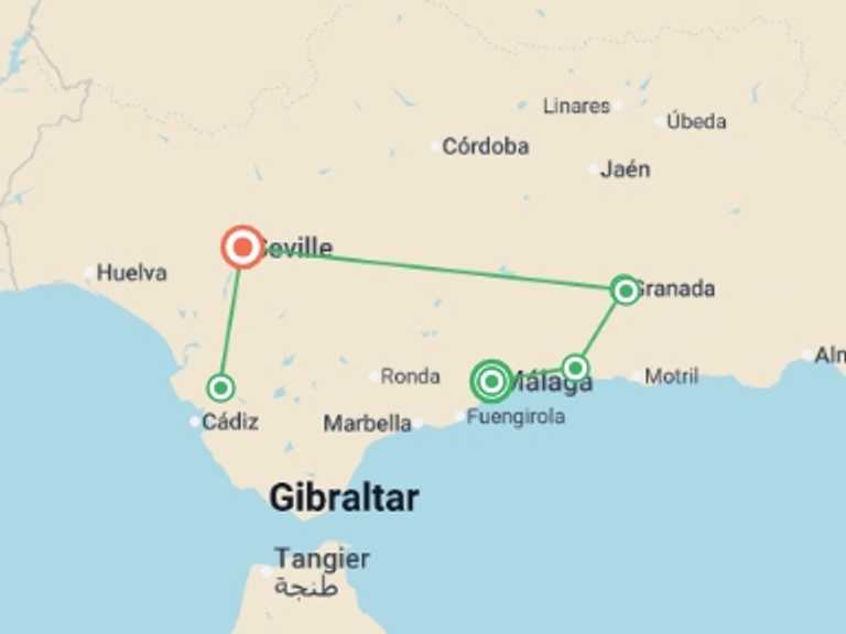 Map itinerary of Mediterranean Tour in July 2026 with 6 destination visits for the trip: Three Cities of Andalucia