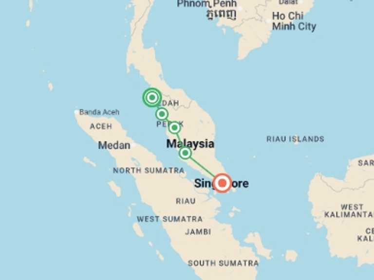 Map itinerary of Kuala Lumpur Tour in Fall with 4 destination visits for the trip: Malaysia and Singapore Highlights