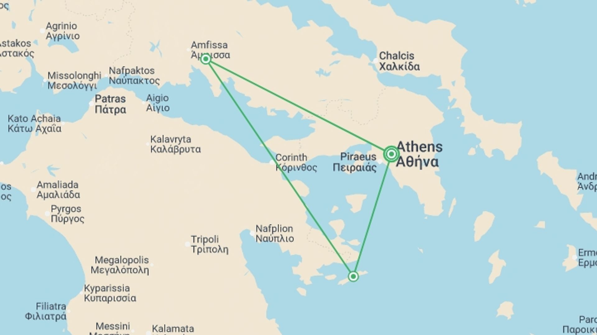 A map showing the tour itinerary for the trip: Greece Solo Discovery Tour, starting in Athens, Greece and ending in Athens, Greece going through 2 other destinations.