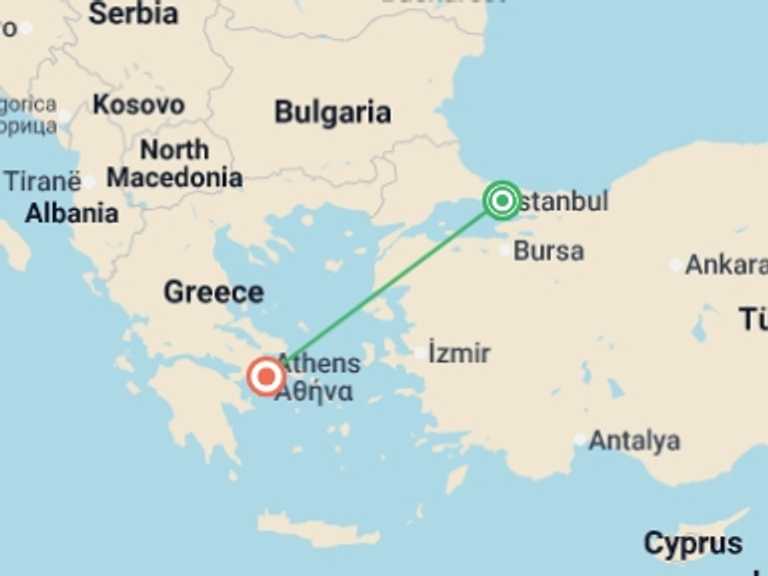 Map of 7-Day Istanbul Tour with 2 destination visits for the trip: Istanbul & Athens Uncovered - 7 days