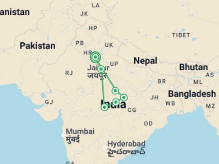 Map itinerary of Agra Tour in October 2026 with 6 destination visits for the trip: India Safari