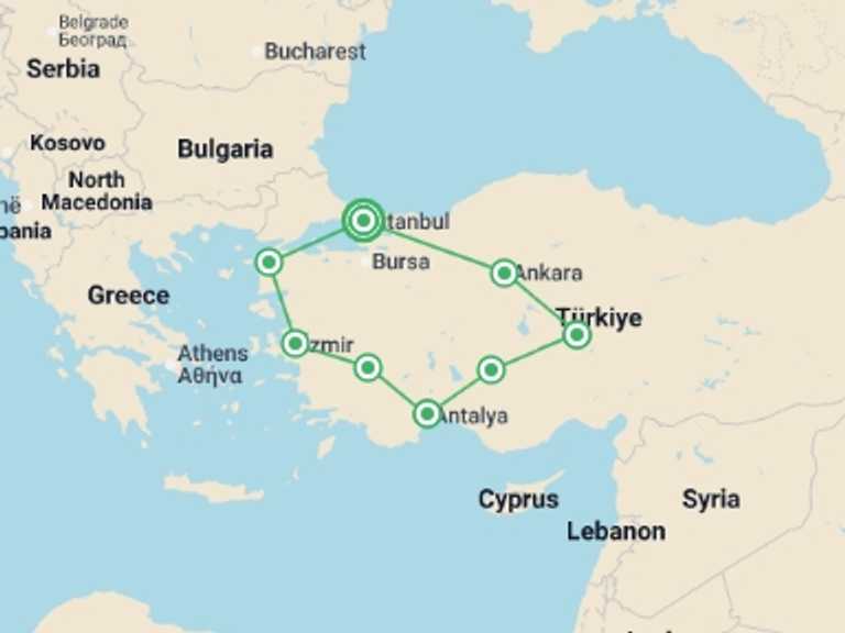 Map itinerary of Turkey Tour in March 2027 with 8 destination visits for the trip: Splendours of Turkey