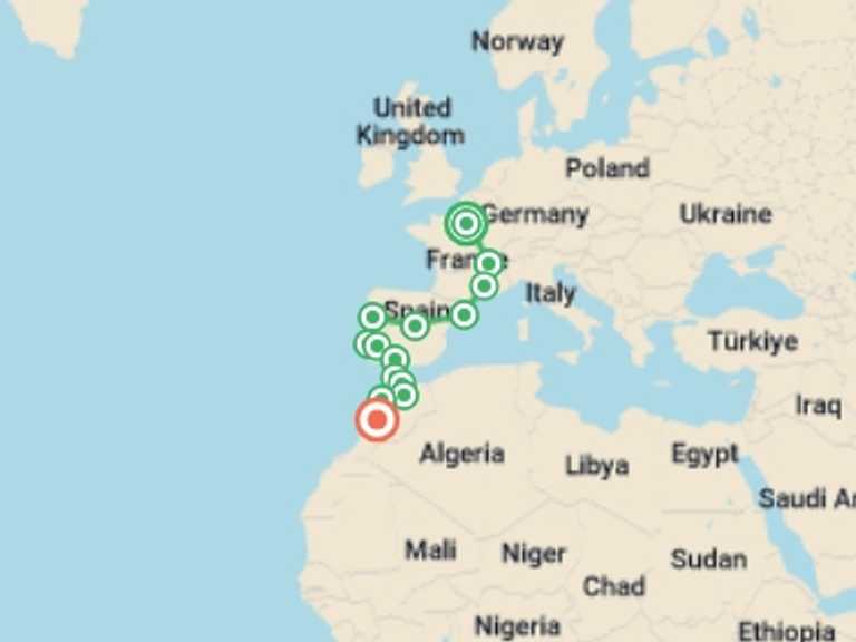 Map itinerary of Africa Tour in July 2026 with 15 destination visits for the trip: Paris to Marrakech Adventure