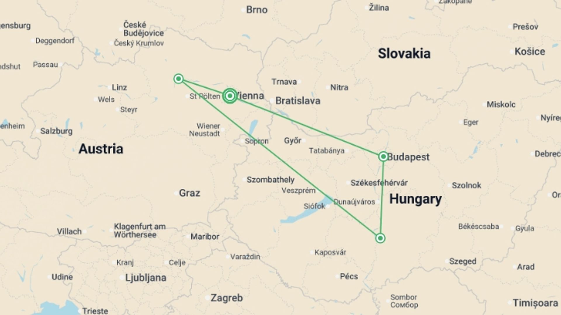A map showing the tour itinerary for the trip: The beautiful blue Danube (port-to-port cruise), starting in Vienna, Austria and ending in Vienna, Austria going through 3 other destinations.