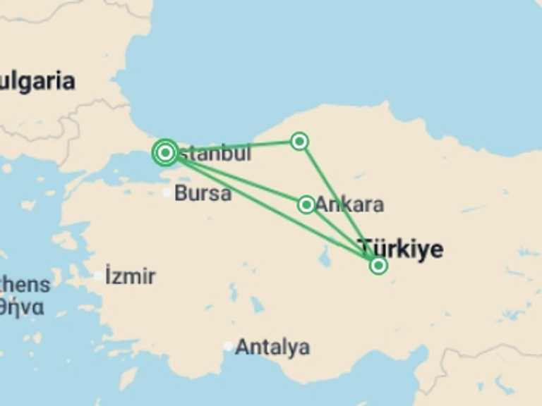 Map of 8-Day Istanbul Tour with 4 destination visits for the trip: Turkish colours