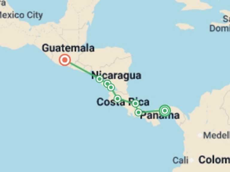 Map of North America Tour with 8 destination visits for the trip: Wonders of Central America - 22 days