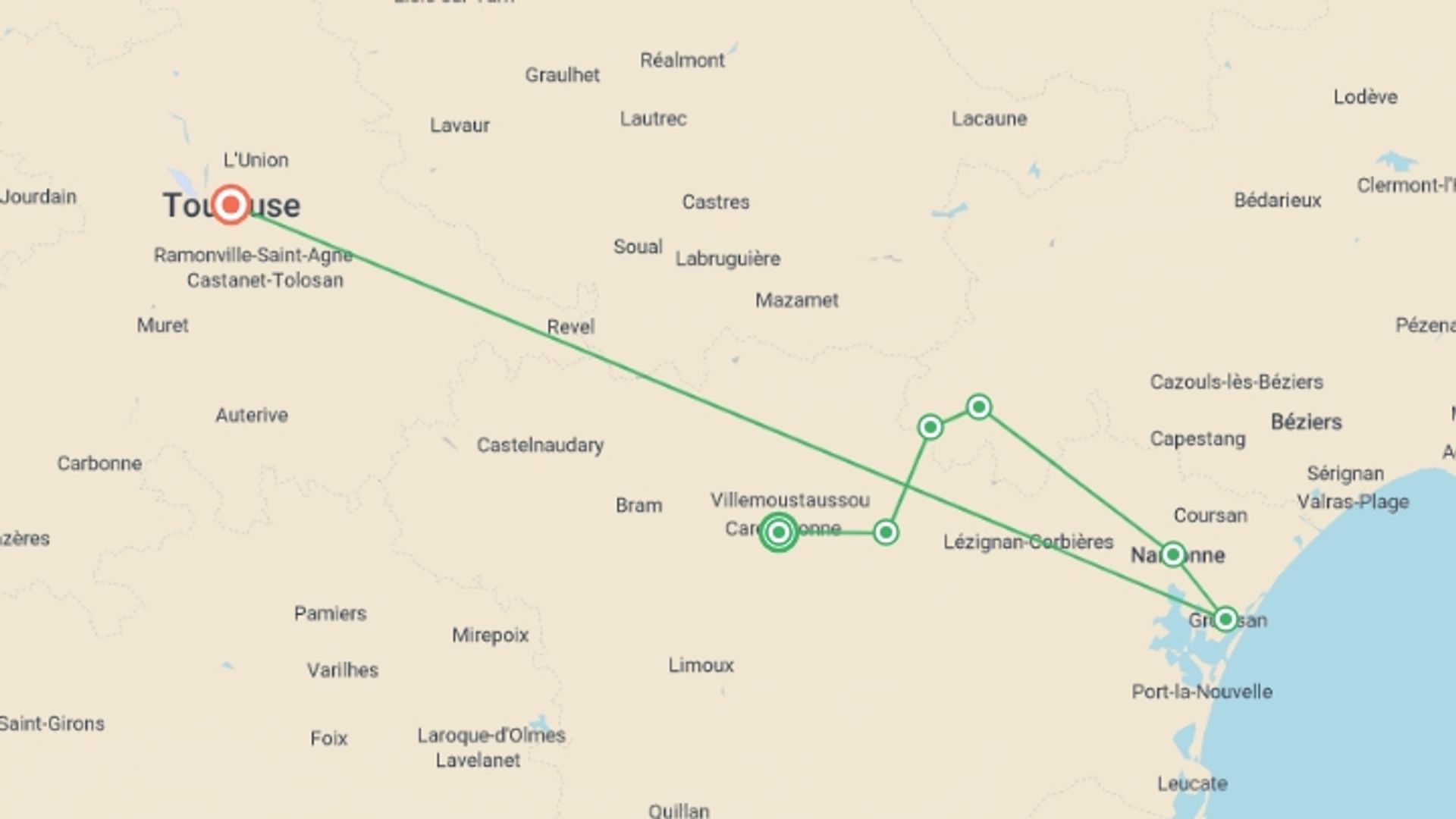 A map showing the tour itinerary for the trip: Cycling in France - Canals and Castles of the Midi, starting in Carcassonne, France and ending in Toulouse, France going through 5 other destinations.