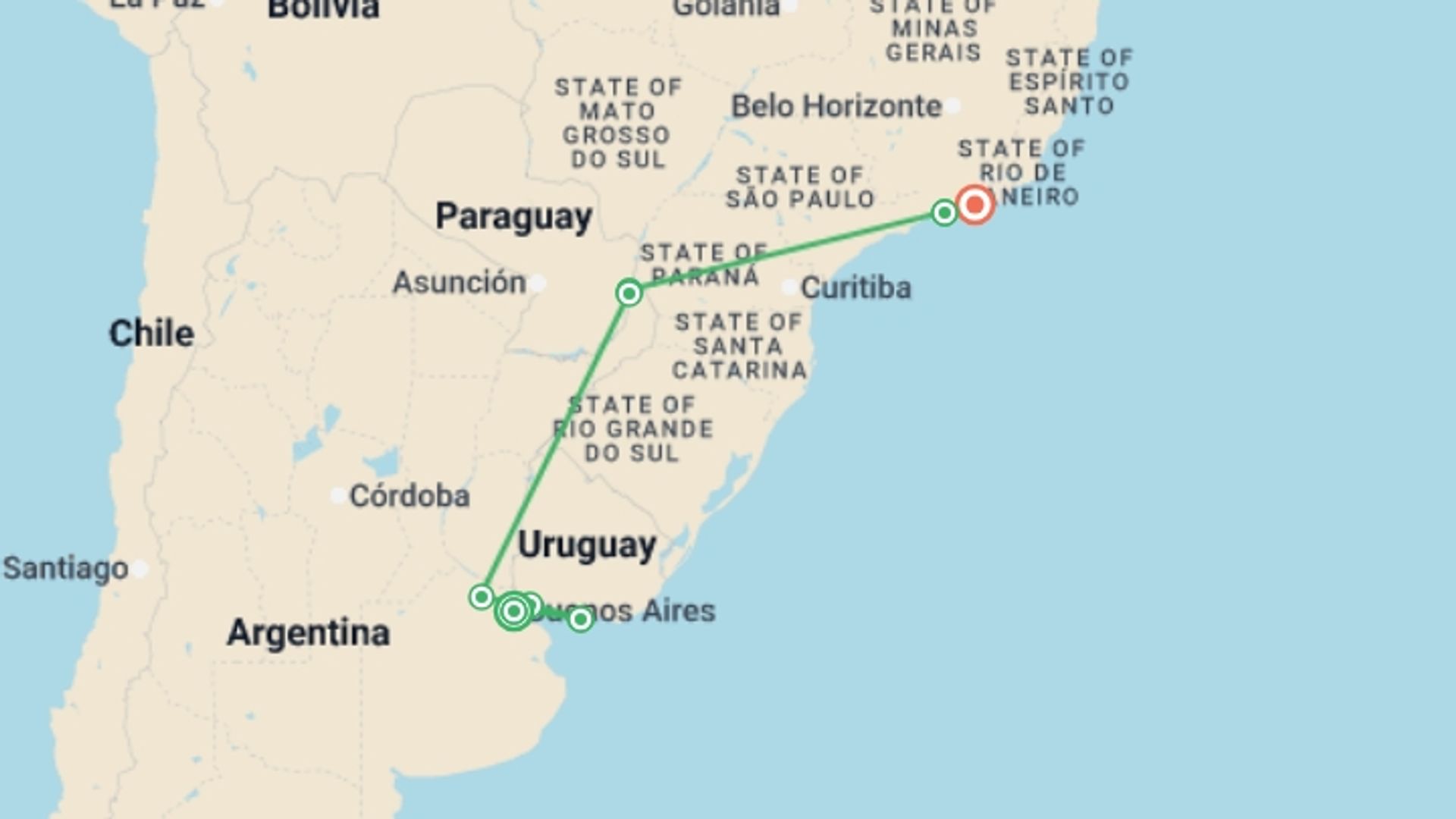 A map showing the tour itinerary for the trip: Buenos Aires to Rio, starting in Buenos Aires, Argentina and ending in Rio de Janeiro, Brazil going through 6 other destinations.