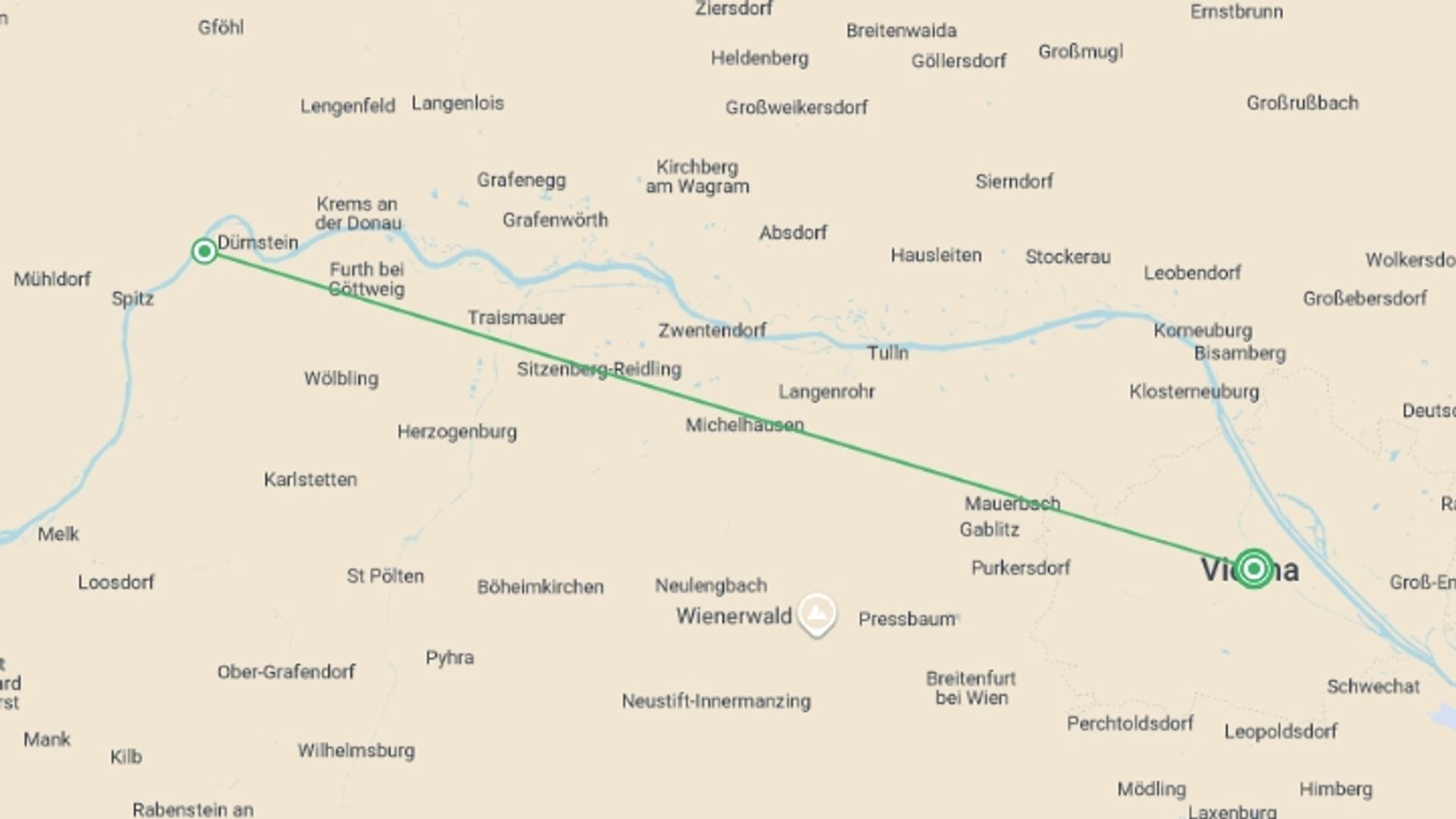 A map showing the tour itinerary for the trip: Vienna Short Break, starting in Vienna, Austria and ending in Vienna, Austria going through 1 other destinations.