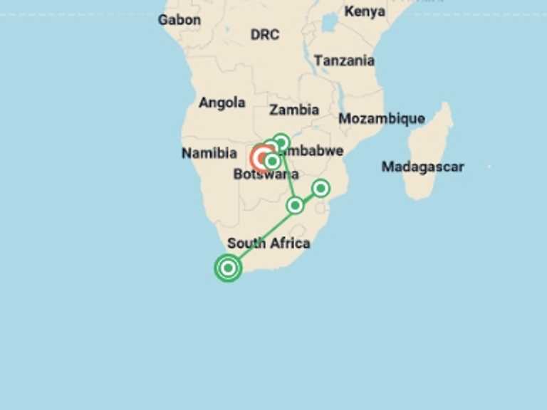 Map itinerary of Cape Town Tour in April 2027 with 8 destination visits for the trip: Cape to Delta Safari
